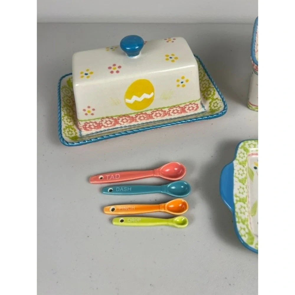 Temp-tations Old World Ceramic Butter Dish Loaf Pan Tray Measuring Spoons Set